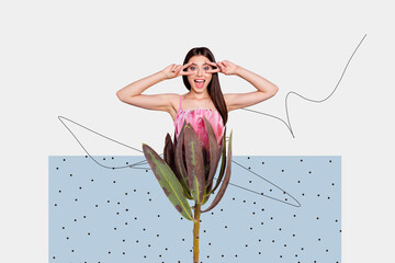 Image collage banner of crazy cheerful woman showing v-sign inside growing blossom flower isolated...