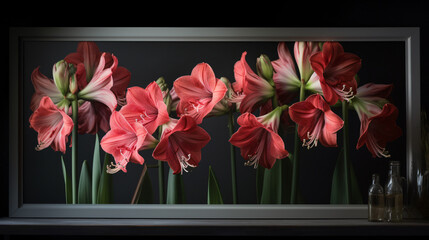 hyper-realistic images of an Amaryllis grove in an artistic studio. Frame the composition to capture the simplicity and beauty of the Amaryllis, creating a tranquil and cinematic atmosphere.