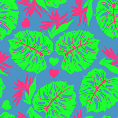 Monstera leaves decorative seamless pattern for textile design, fabric print, digital or wrapping paper, wallpaper, background and backdrop, decoration. Tropical summer holiday theme.