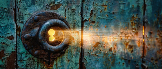 Vintage metallic padlock on an old wooden door, symbolizing security, privacy, and the passage of...