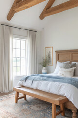 Cozy bedroom interior design. Modern light house or hotel room with comfortable large king size bed, luxury linen and stylish trendy minimal or classic decor background. Bedroom home furniture shop .