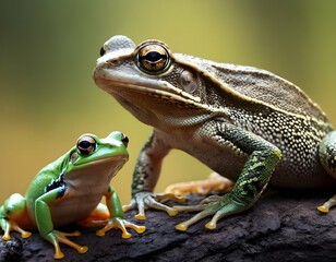 Fototapeta premium A small and a large frog are sitting next to each other