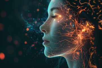 AI Brain Chip plasticity. Artificial Intelligence membrane human brain power mind circuit board. Neuronal network visual network smart computer processor public health informatics