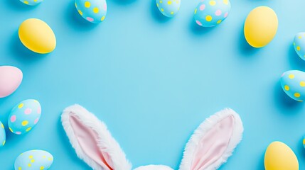 Fototapeta na wymiar Easter party concept with bunny ears and colorful eggs on pastel blue background