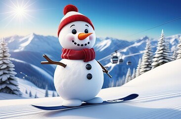 Obraz premium Illustration of a Christmas cute snowman with skis in his hand riding on a ski at a ski resort. against the background of the slope and other skiers and snowboarders