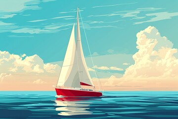 Fototapeta premium Red yacht with white sail on sea waves. Cloudy sky. Summer sea vacation on ocean.
