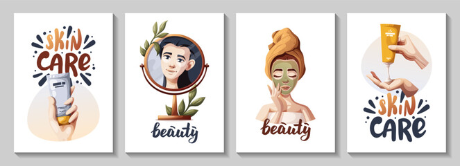 Set of posters with woman, hands with creams. Beauty, skin care, cosmetic, spa, shower concept. Vector illustration for banner, card, poster.