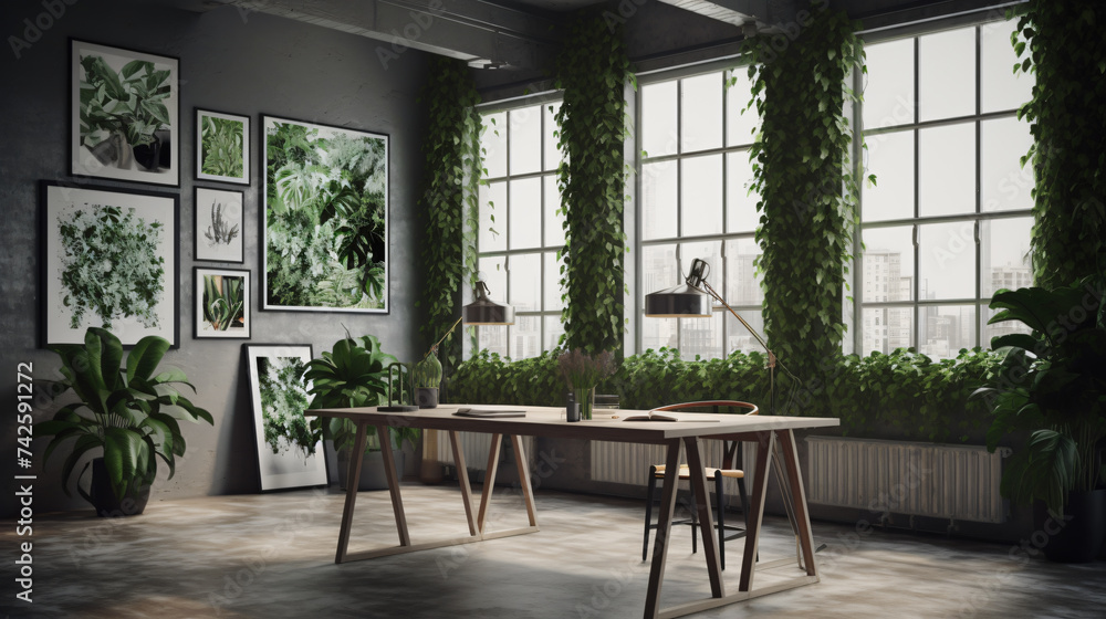 Poster hyper-realistic images of pothos leaves reflecting in minimalist mirrors. frame the composition to s