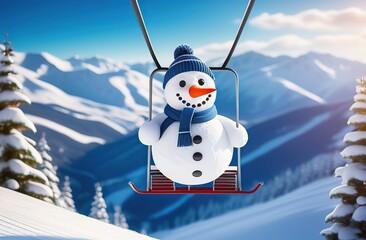Obraz premium Illustration of a Christmas cute snowman with alpine skis on his feet riding on a chairlift at a ski resort. against the background of the slope and other skiers and snowboarders 