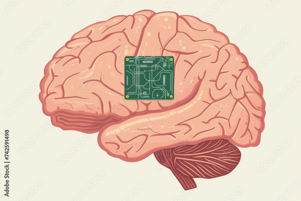 Poster ai brain chip development. artificial intelligence learning mind cloud interoperability circuit boar