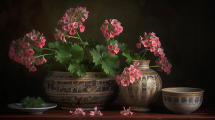 Obraz na płótnie Canvas hyper-realistic still life composition featuring Geranium blooms arranged in antique pottery. Utilize controlled lighting to enhance the cinematic ambiance and frame the composition to showcase the cl