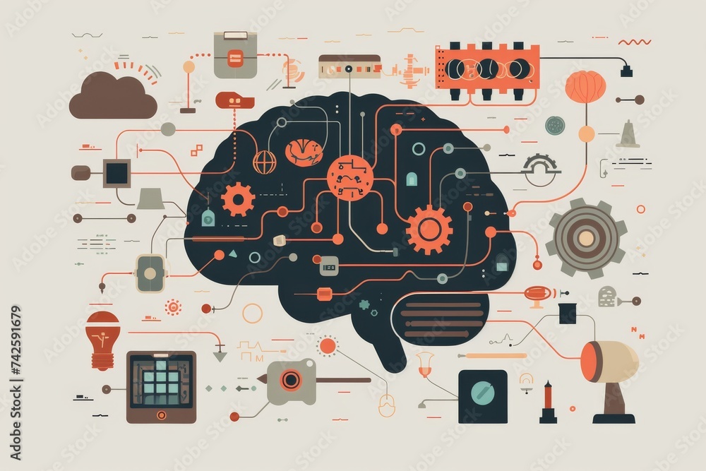 Poster ai brain chip brain. artificial intelligence brain mind information extraction circuit board. neuron