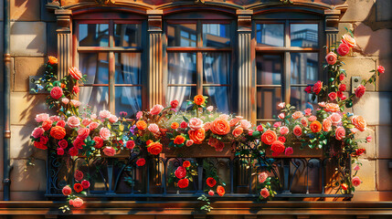Fototapeta na wymiar Vibrant windows adorned with red flowers, adding a touch of beauty and color to a traditional European house facade