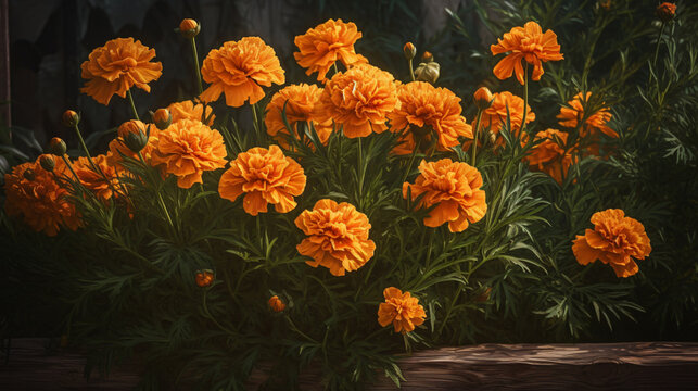 hyper-realistic images of a Marigold canopy bathed in soft afternoon light. Frame the composition to highlight the play of light and shadow on the intricately arranged blooms, adding a cinematic touch