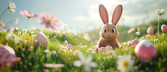 Fototapeta na wymiar Cute white rabbit with colorful Easter eggs in green grass field and blue sky background