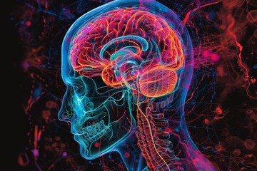 AI Brain Chip brain. Artificial Intelligence stimulation mind traumatic brain injury rehabilitation circuit board. Neuronal deep brain stimulation network digital therapeutics - obrazy, fototapety, plakaty