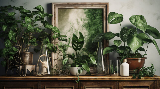 hyper-realistic images of Pothos plants harmonizing in a bohemian-themed setting. Frame the composition to convey a sense of artistic charm and natural beauty, enhancing the cinematic qualities of the