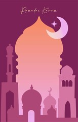 Poster on the theme of Ramadan celebration. Traditional Arabic elements and motifs in bright colors with text on a colored background. Digital illustration suitable for invitations, cards, flyers