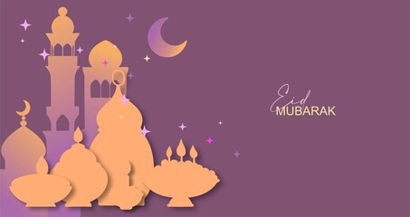 Poster on the theme of Ramadan celebration. Traditional Arabic elements and motifs in bright colors with text on a colored background. Digital illustration suitable for invitations, cards, flyers