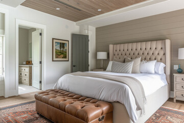 Fototapeta premium Cozy bedroom interior design. Modern light house or hotel room with comfortable large king size bed, luxury linen and stylish trendy minimal or classic decor background. Bedroom home furniture shop .