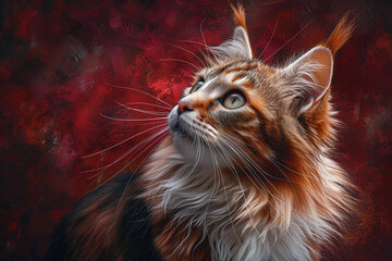 Norwegian Forest cat with fluffy fur on a rich maroon. 
