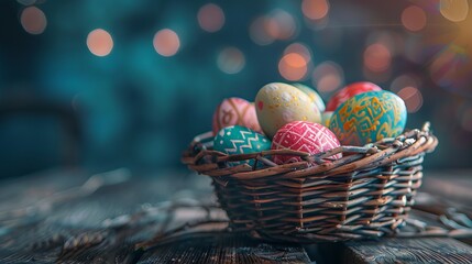 Easter celebration with colorful painted eggs in a basket on a rustic wooden table with room for text