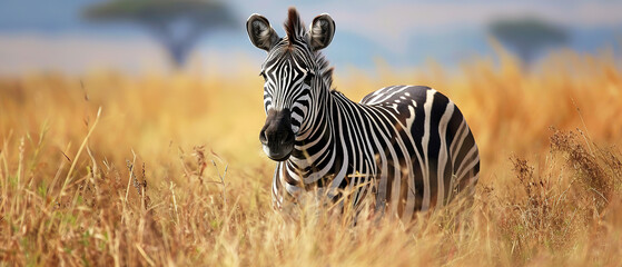 Fototapeta na wymiar Banner of a zebraon blured nature background, with empty copy space ,
