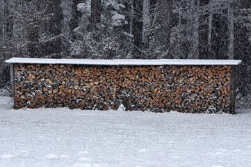 Ordnung in der Winterlandschaft   -Waldrand, Holzstapel, schneebedeckte Wiese- 