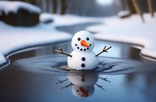 Illustration of a cute snowman who is melting into puddles, snowdrifts are melting around, puddles, trees without leaves, forest, the bright spring sun is shining