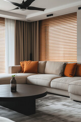 Fototapeta premium Comfortable modern sofa, soft luxury couch in cozy living room minimal elegant aesthetic home interior design contemporary style background space. House furniture store shopping advertising promo .