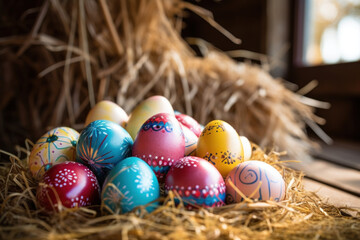 Fototapeta na wymiar Decorated Easter eggs with intricate patterns in nest