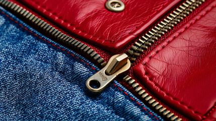 Metal zipper on the red wallet, blue jeans.