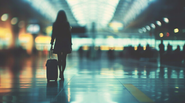 Airport Setting: Frame the image within an airport terminal, with blurred background elements suggesting hustle and bustle, while the focus remains on the woman in the foreground. Generative AI