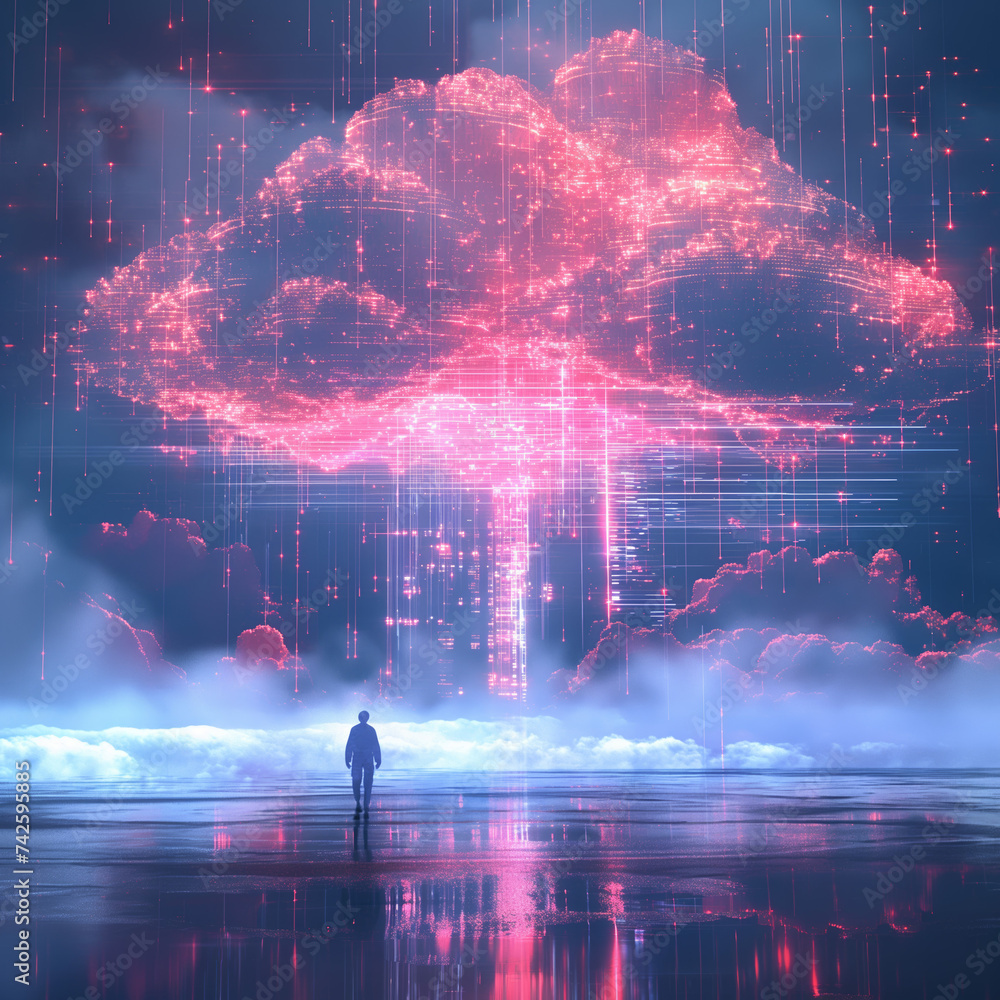 Poster cloud technology: the real path to success. featuring digital neon style, bokeh, layered mesh, shape