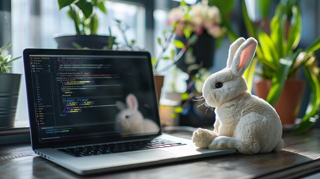 Easter bunny wearing glasses and typing on a laptop with colorful eggs and flowers on a wooden table