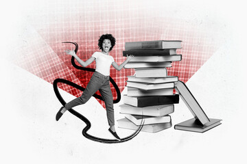 Composite graphics collage image of happy joyful girl jump stack book collection literature...