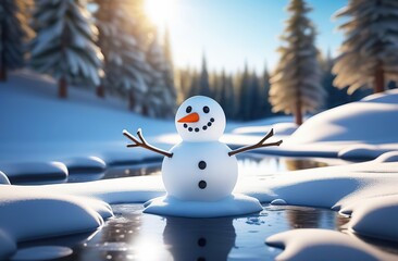 Illustration of a cute Melting snowman who is melting in puddles, snowdrifts are melting around, puddles, trees without leaves, forest, the bright spring sun is shining - obrazy, fototapety, plakaty