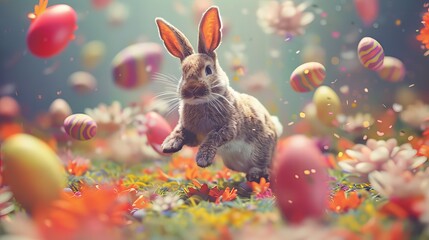 Happy Easter celebration with running bunny and flying eggs - obrazy, fototapety, plakaty