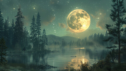 Fototapeta na wymiar Background with moon over the lake, Generative AI