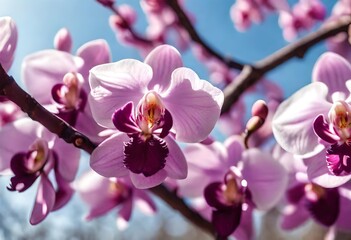 Blooming plum tree in botanical garden. Sunny morning scene of orchid garden in April