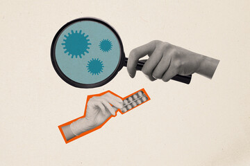 Creative abstract сollage hand in gloves hold magnifying glass microbes medicine pills drugs...