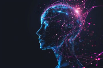 AI Brain Chip effects. Artificial Intelligence visual human slits mind circuit board. Neuronal network brain computer interface application smart computer processor pharmacy informatics - obrazy, fototapety, plakaty