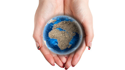 Concept Ecology and Protection Environment. Earth Day Celebration. Female Hands hold a 3d Earth Planet, isolated on white background. - 742597010