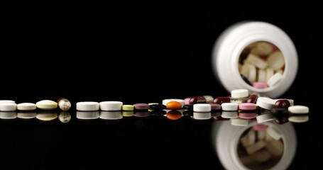 Various Pharmaceutical Medicament: Pills, Tablets, Drug, Vitamin. The Medicine and Healthcare concept.  - 742597033