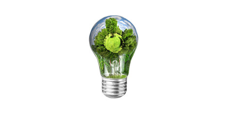 Concept Ecology and Protection Environment. Earth Day Celebration. Green Energy. 3d Green Planet with a trees, grass and blue sky in Light Bulb, isolated on white background. - 742597048