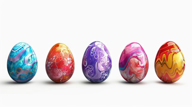 Colorful Easter eggs in a row on a wooden table over the white background