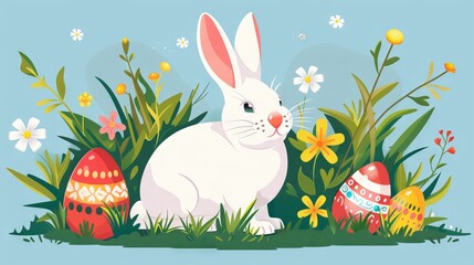 Cute white bunny with colorful eggs and flowers on pastel background
