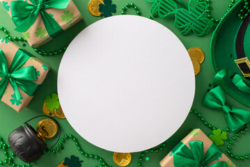 Charming St. Patrick's scene from overhead, with shamrocks, hat, blessing coins, surprise boxes,...