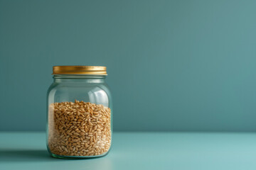 Simple composition with a jar of wheat seeds on a teal blue background with ample copy space, suitable for product packaging, grocery advertisements, and culinary blog posts. High quality illustration - obrazy, fototapety, plakaty