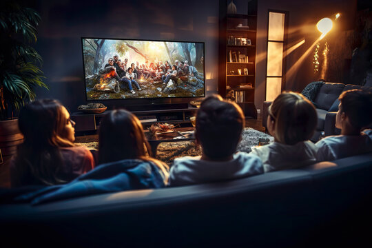 Group of friends watching a football movie on TV set. Back view of young people sitting on sofa and watching TV. Group of 5 friends relaxing on couch at home and enjoying interesting media television